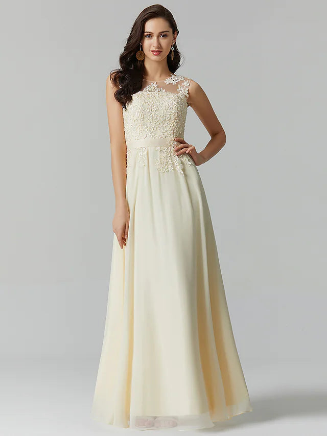 A-Line Evening Gown High Waisted Prom Dress Bridesmaid Wedding Guest Chiffon Floor Length Sleeveless Illusion Neck Georgette