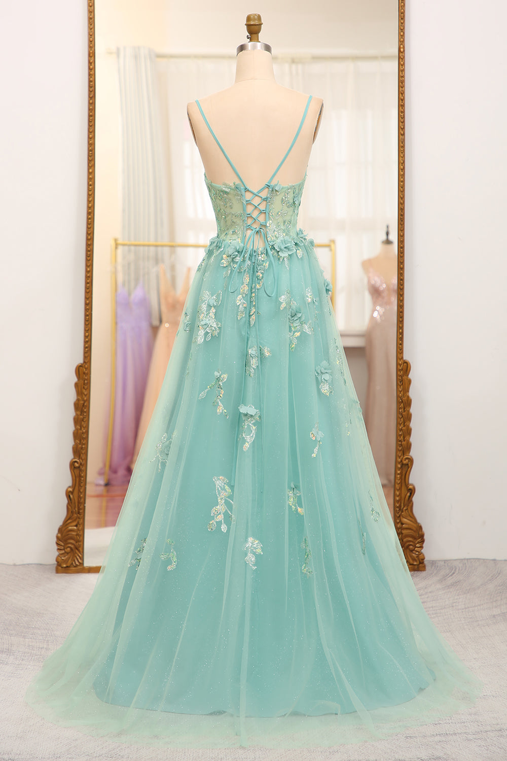 A-Line Spaghetti Straps Long Sparkly Prom Dress With Appliques With Slit
