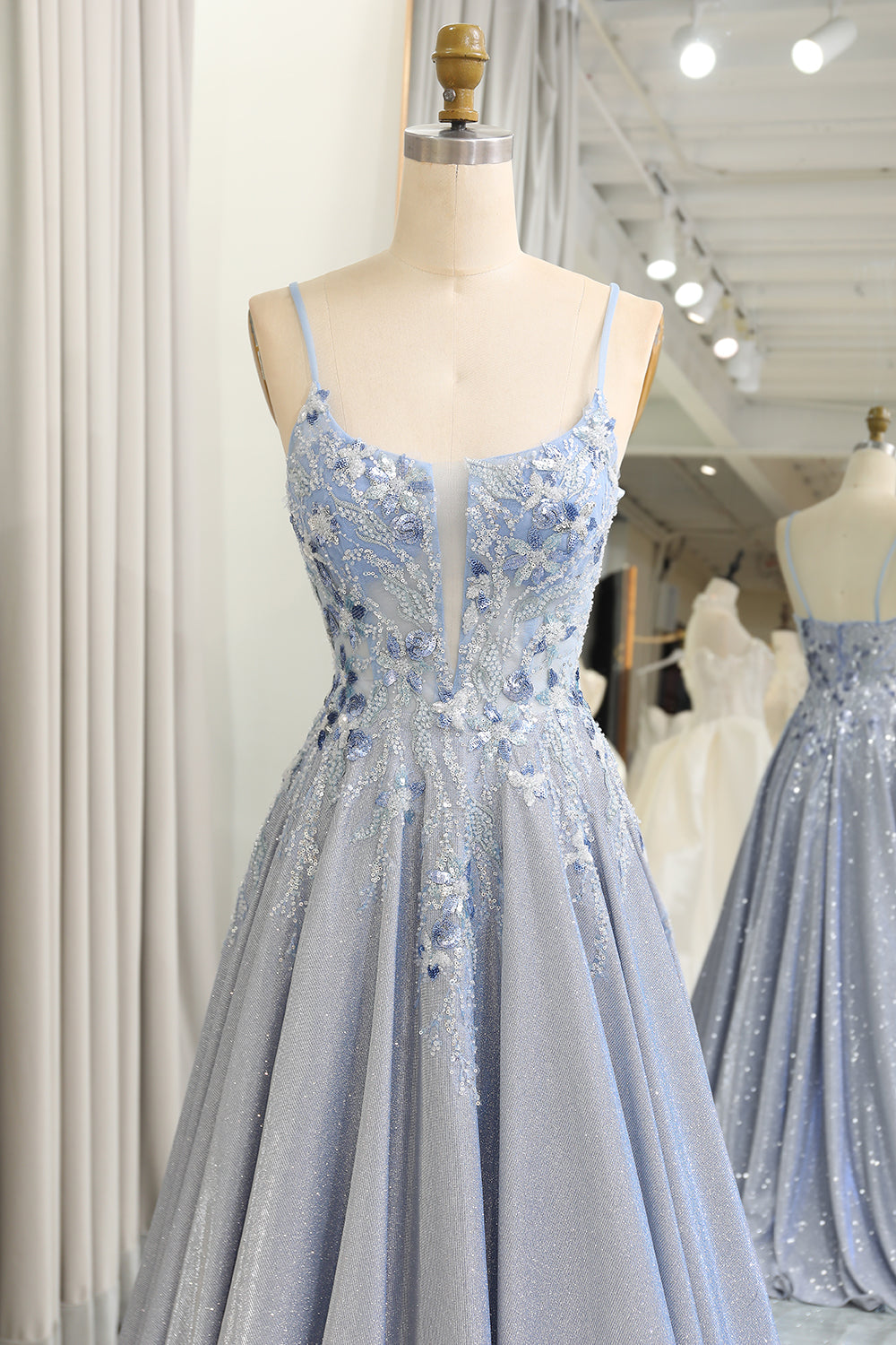 Glitter Grey Blue A-Line Spaghetti Straps Long Prom Dress With Appliques Sparkly Evening Dresses