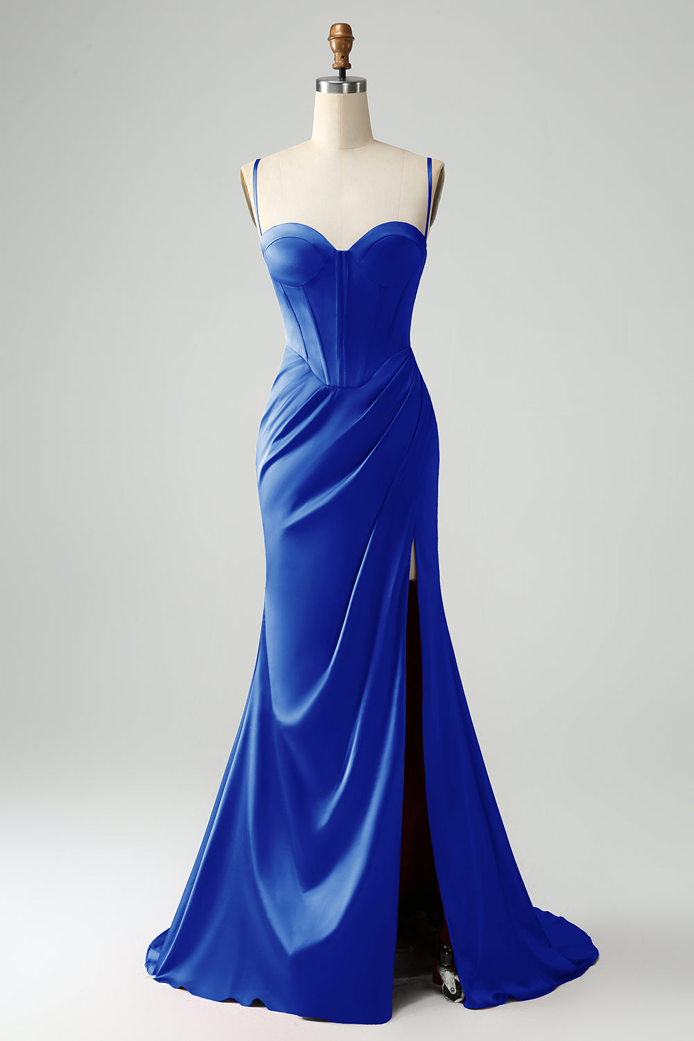 Mermaid Spaghetti Straps Pleated Corset Long Prom Dress With High Slit Sexy Evening Dresses