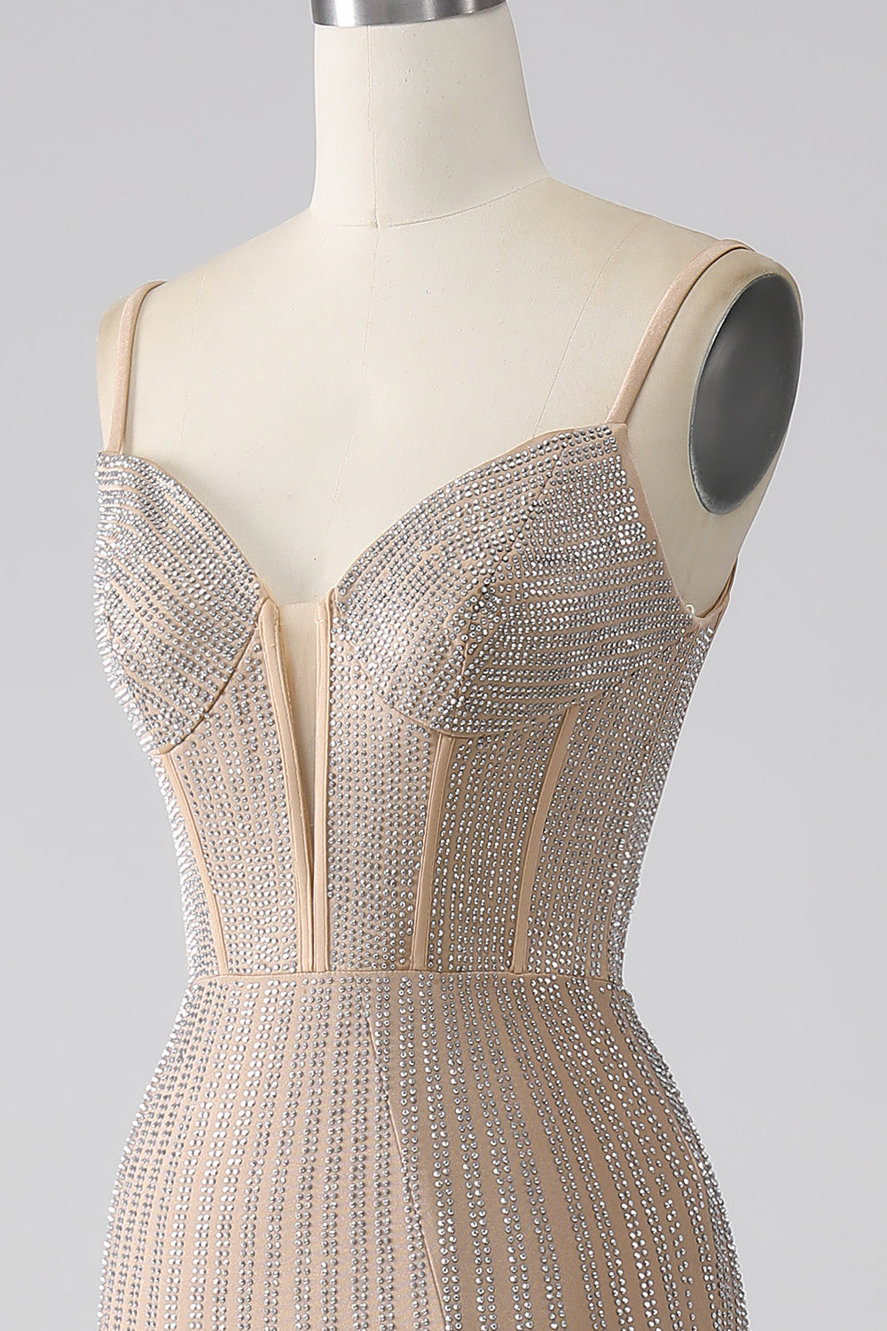 Sparkly Champagne Mermaid Spaghetti Straps Long Prom Dress with Slit Sexy Evening Dresses