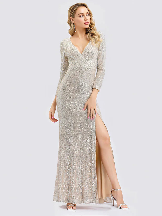 Sheath / Column Sexy Furcal Formal Evening Dress Plunging Neck Long Sleeve Floor Length Sequined