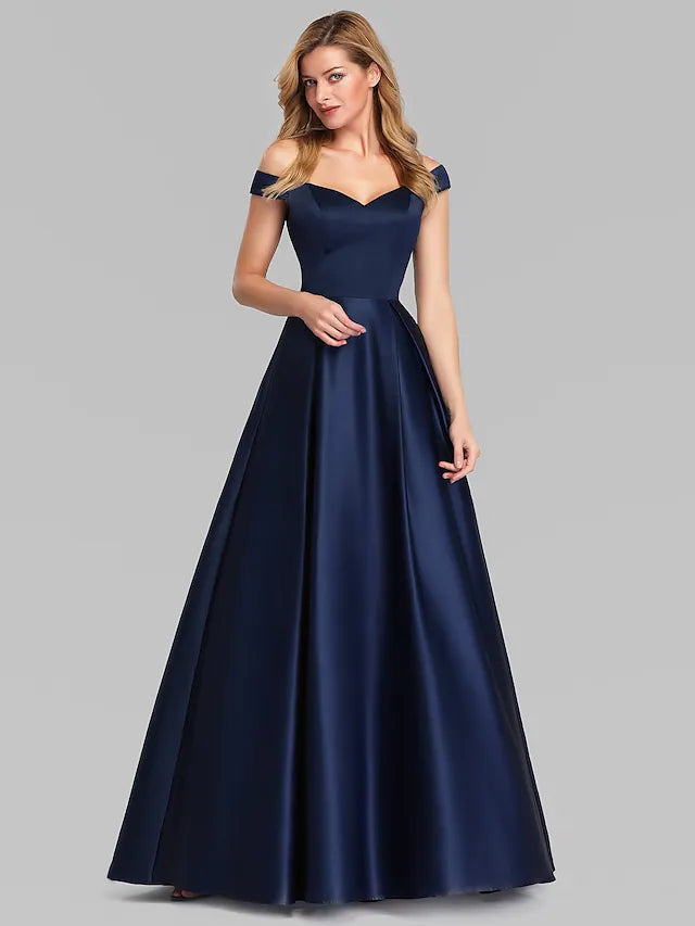 A-Line Evening Gown Elegant & Luxurious Dress Wedding Guest Floor Length Sleeveless Plunging Neck Charmeuse