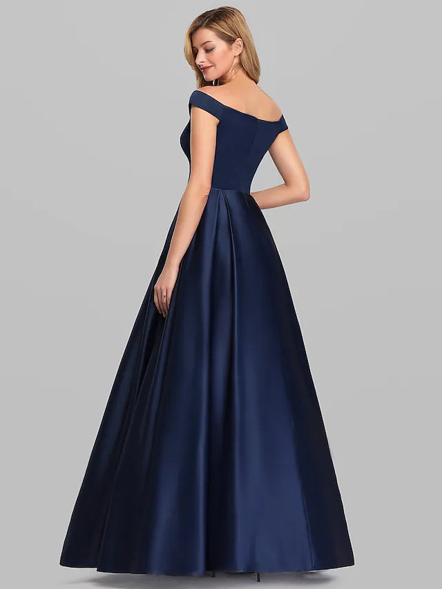 A-Line Evening Gown Elegant & Luxurious Dress Wedding Guest Floor Length Sleeveless Plunging Neck Charmeuse
