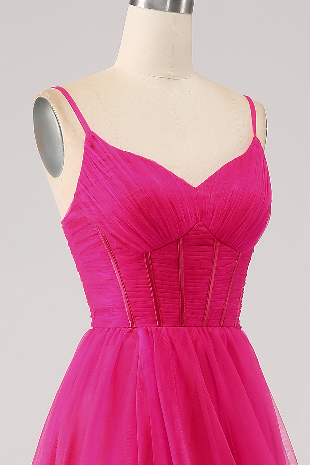 A-Line Spaghetti Straps Long Corset Fuchsia Prom Dress with Slit Pure Color