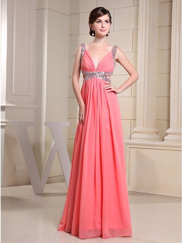 A-Line Evening Gown Sparkle Dress Engagement Floor Length Sleeveless V Neck Chiffon with Pleats