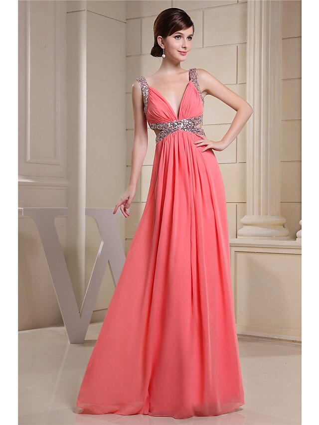 A-Line Evening Gown Sparkle Dress Engagement Floor Length Sleeveless V Neck Chiffon with Pleats