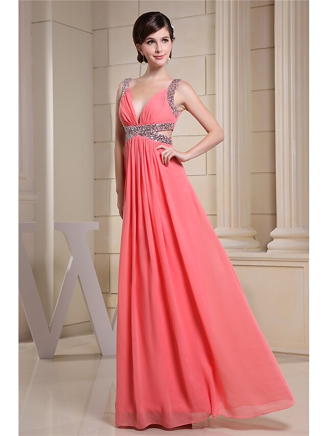 A-Line Evening Gown Sparkle Dress Engagement Floor Length Sleeveless V Neck Chiffon with Pleats