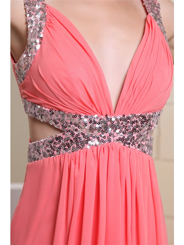A-Line Evening Gown Sparkle Dress Engagement Floor Length Sleeveless V Neck Chiffon with Pleats