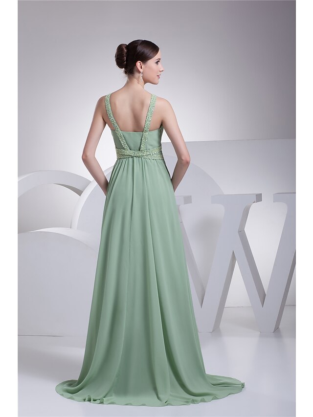 A-Line Evening Gown Sparkle Dress Formal Evening Floor Length Sleeveless Spaghetti Strap Chiffon