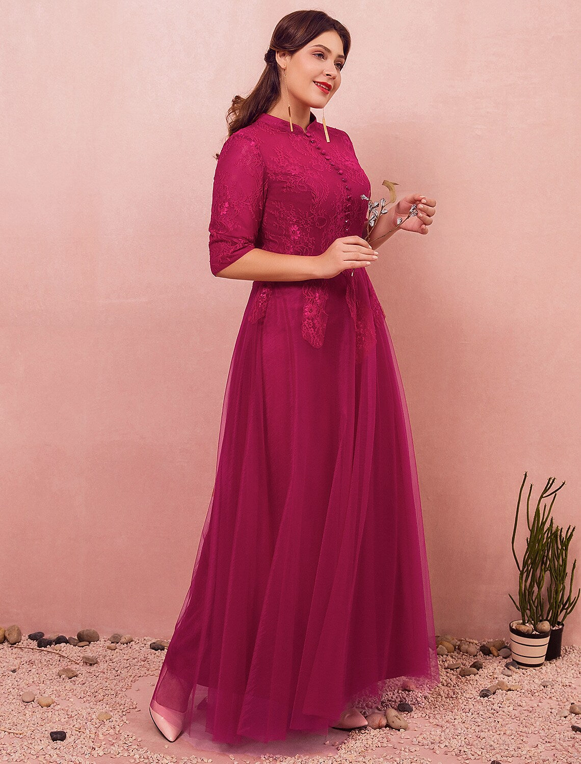A-Line Chinese Style Plus Size Engagement Formal Evening Dress High Neck Half Sleeve Floor Length Lace