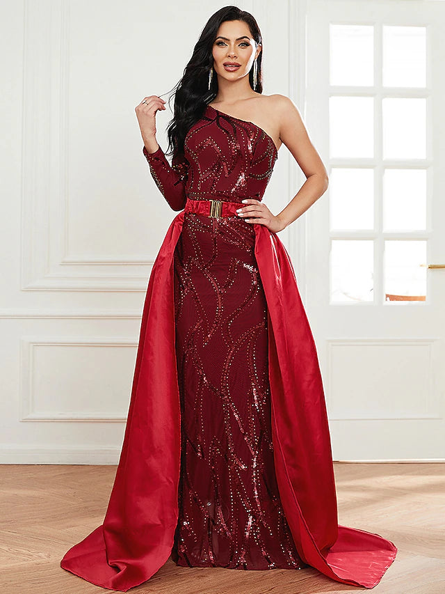 Mermaid / Trumpet Evening Gown Sexy Dress Formal Court Train Long Sleeve One Shoulder Polyester