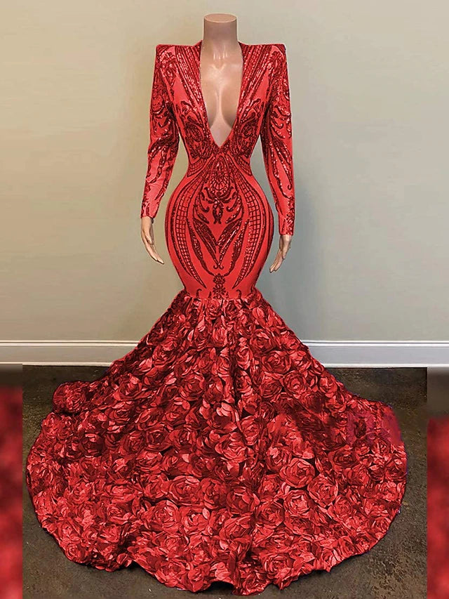Mermaid / Trumpet Sparkle Evening Dress Sexy Engagement Formal Floral Wedding Dress V Neck Long Sleeve Chapel Train Sequined