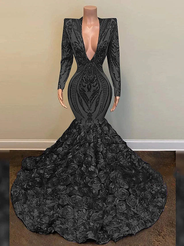 Mermaid / Trumpet Sparkle Evening Dress Sexy Engagement Formal Floral Wedding Dress V Neck Long Sleeve Chapel Train Sequined