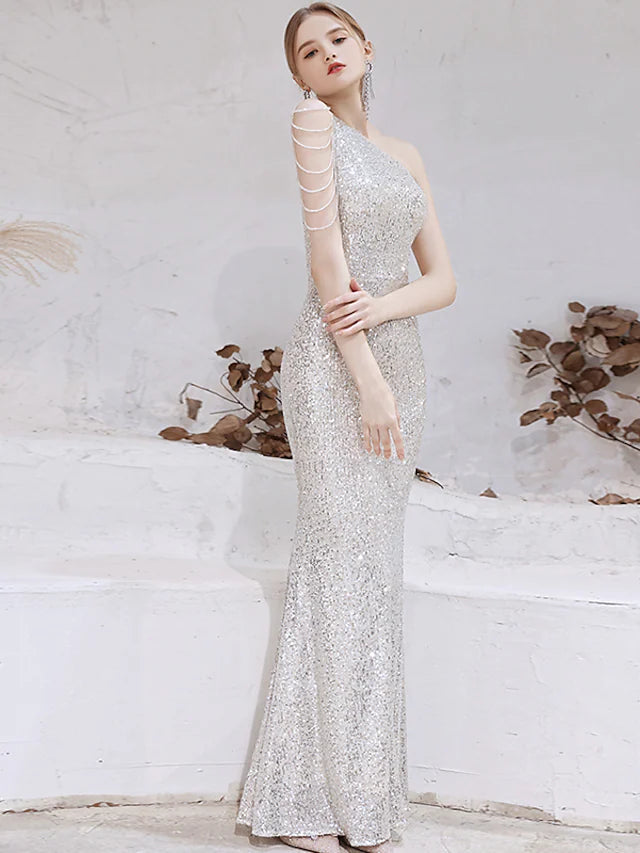 Mermaid / Trumpet Evening Gown Sparkle Dress Wedding Guest Floor Length Sleeveless One Shoulder Sequined