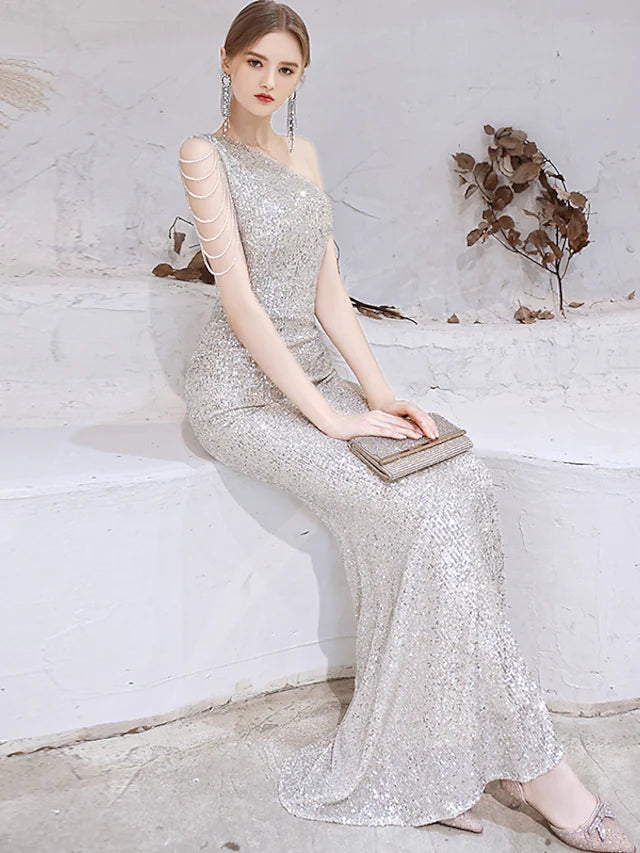 Mermaid / Trumpet Evening Gown Sparkle Dress Wedding Guest Floor Length Sleeveless One Shoulder Sequined