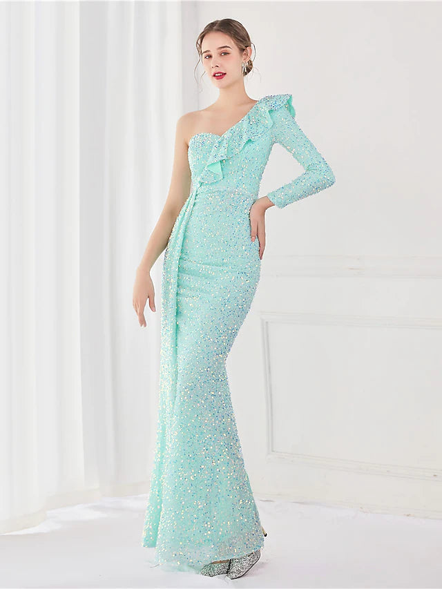 Mermaid / Trumpet Evening Gown Elegant Dress Wedding Guest Floor Length Long Sleeve One Shoulder Sequined V Back