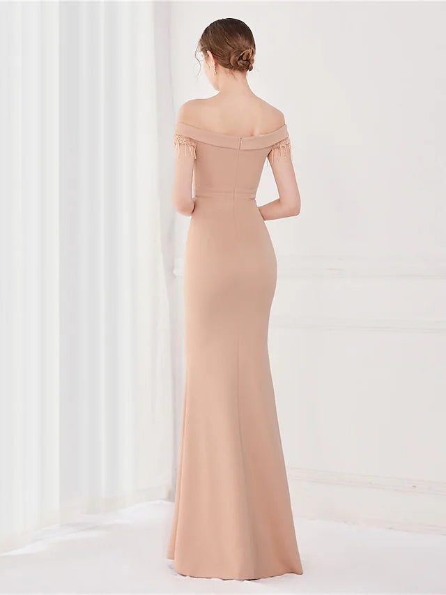Mermaid / Trumpet Elegant Sexy Wedding Guest Formal Evening Dress Off Shoulder V Back Short Sleeve Floor Length Satin