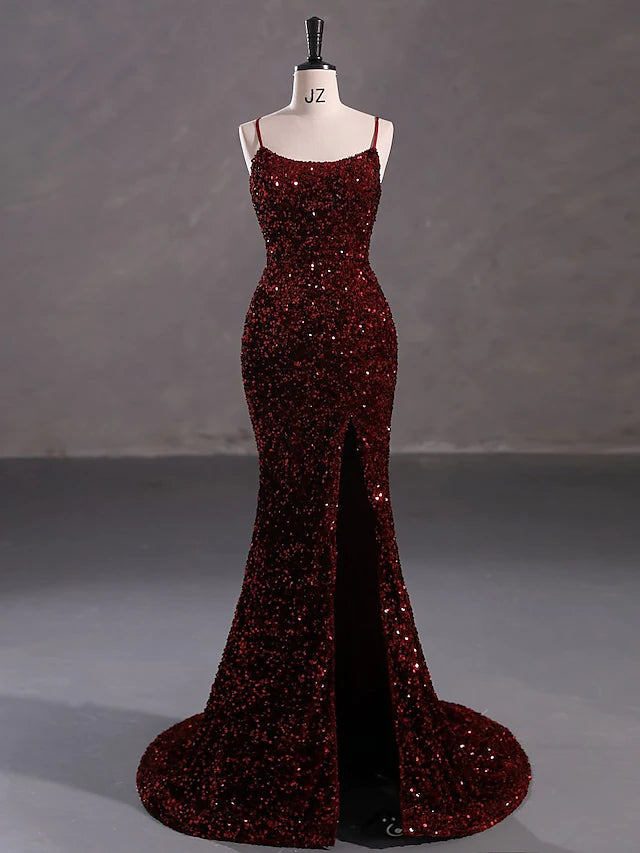 Mermaid / Trumpet Evening Gown Elegant Dress Party Wear Court Train Sleeveless Spaghetti Strap Lace Crisscross Back