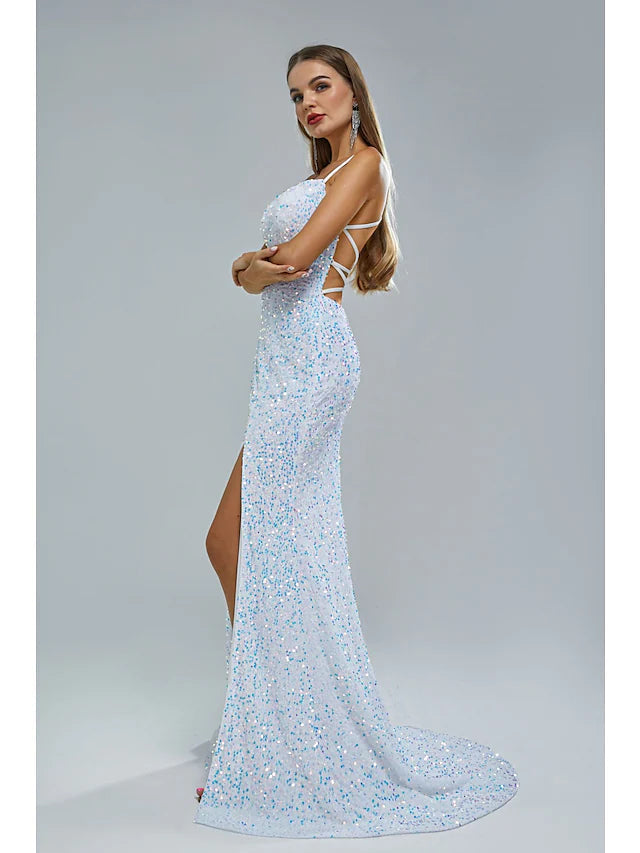 Mermaid / Trumpet Evening Gown Elegant Dress Party Wear Court Train Sleeveless Spaghetti Strap Lace Crisscross Back