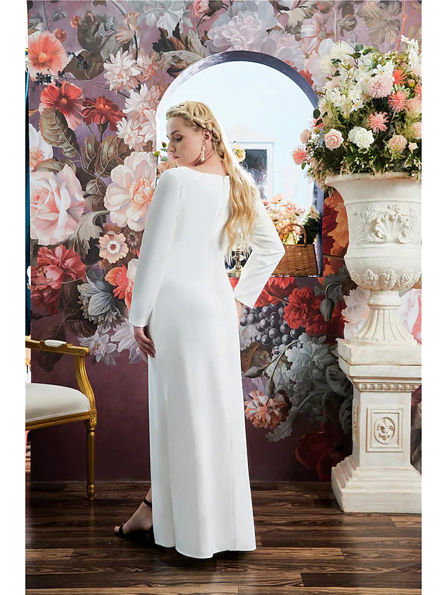 A-Line Evening Gown Sparkle Dress Engagement Floor Length Long Sleeve Jewel Neck Stretch Fabric with Crystals