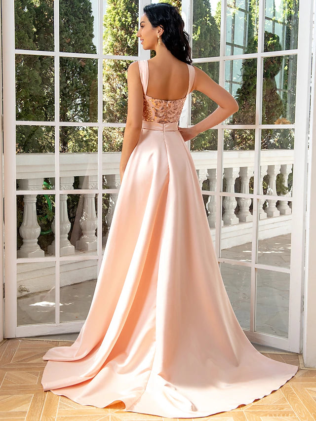 Mermaid / Trumpet Evening Gown Luxurious Dress Wedding Party Floor Length Sleeveless V Neck Detachable Satin
