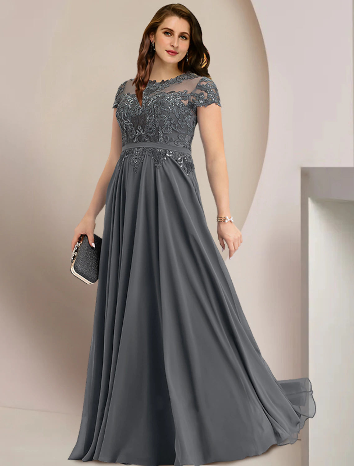 Mother of the Bride Dresses Plus Size Curve Hide Belly Wedding Guest Party Elegant Jewel Neck Floor Length Chiffon Lace Short Sleeve