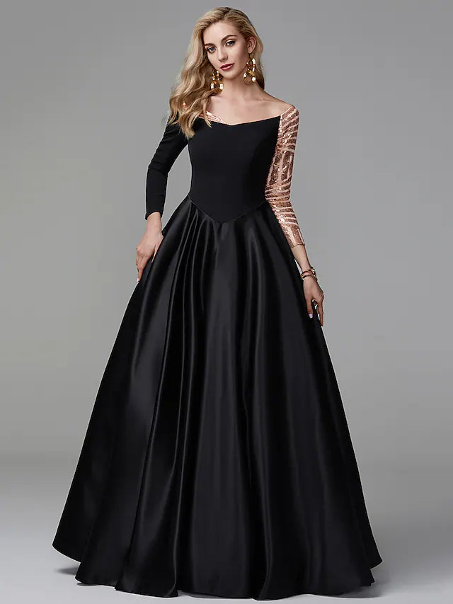 Ball Gown Sparkle Quinceanera Formal Evening Dress Off Shoulder Long Sleeve Floor Length Satin