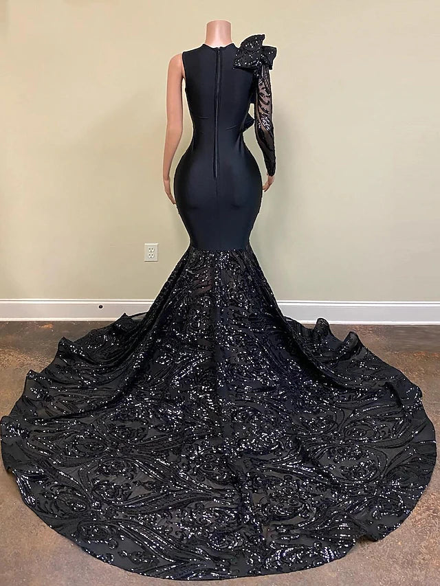 Mermaid / Trumpet Evening Gown Floral Dress Formal Chapel Train Long Sleeve One Shoulder African American Sequined