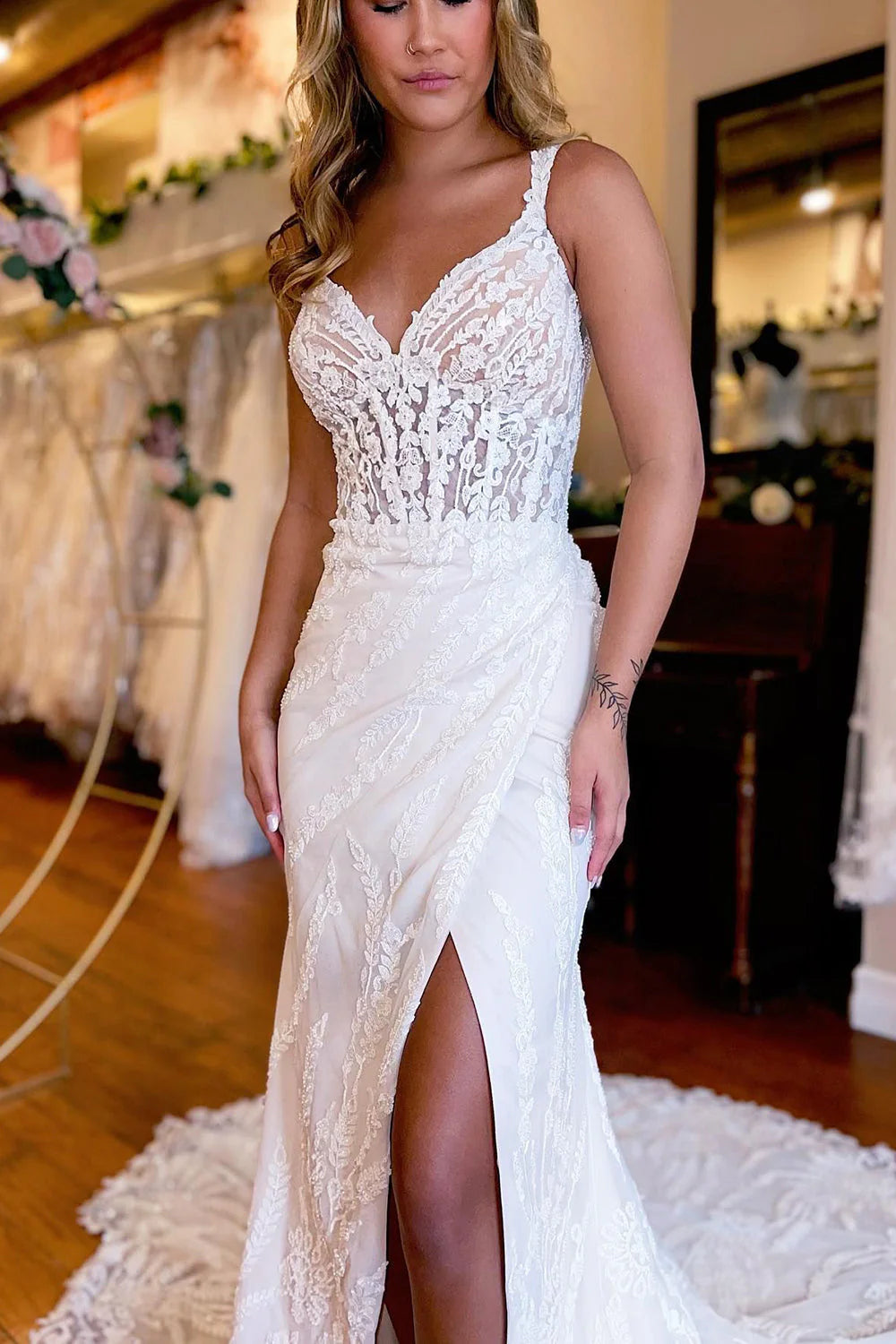 Sheath Long Lace V-Neck Wedding Dress with Slit Sexy