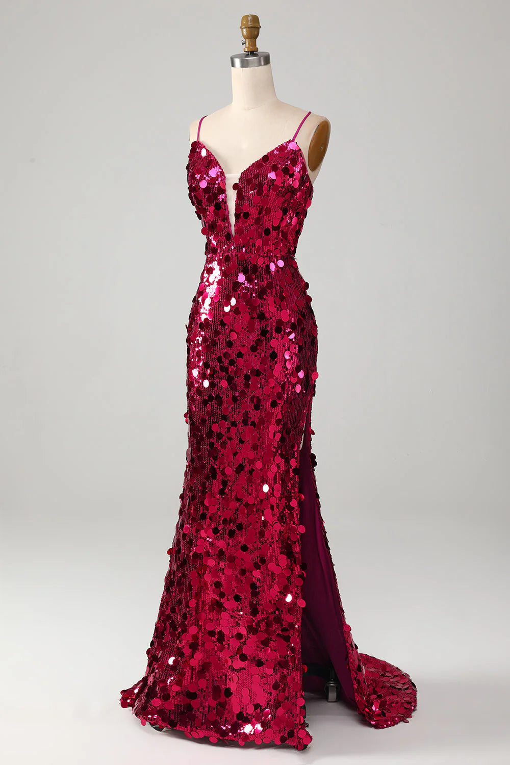 Mermaid Spaghetti Straps Sequins Long Prom Dress with Slit Sparkly
