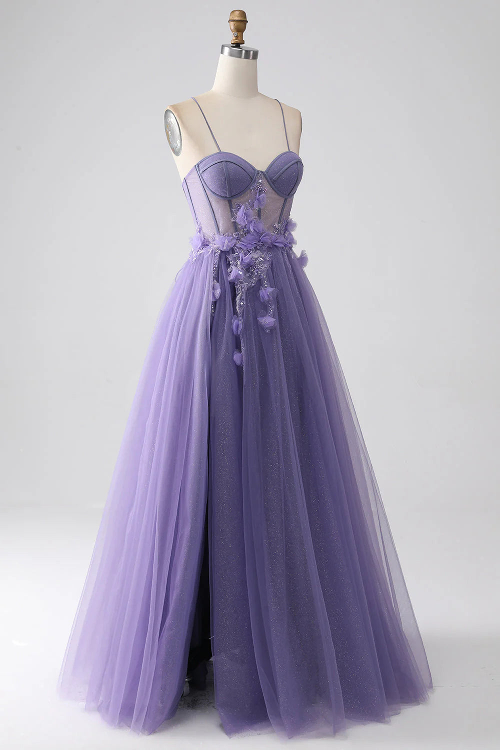 A-Line Spaghetti Straps Corset Prom Dress with 3D Flowers Pure Color Long
