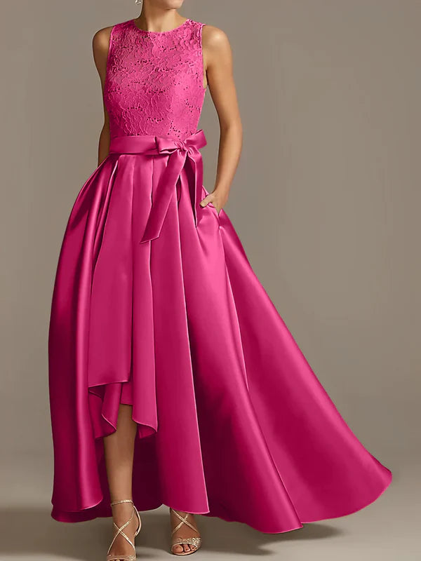 A-line/Princess collar sleeveless pleated lace mother of the bride dress Evening Dresses With Bow