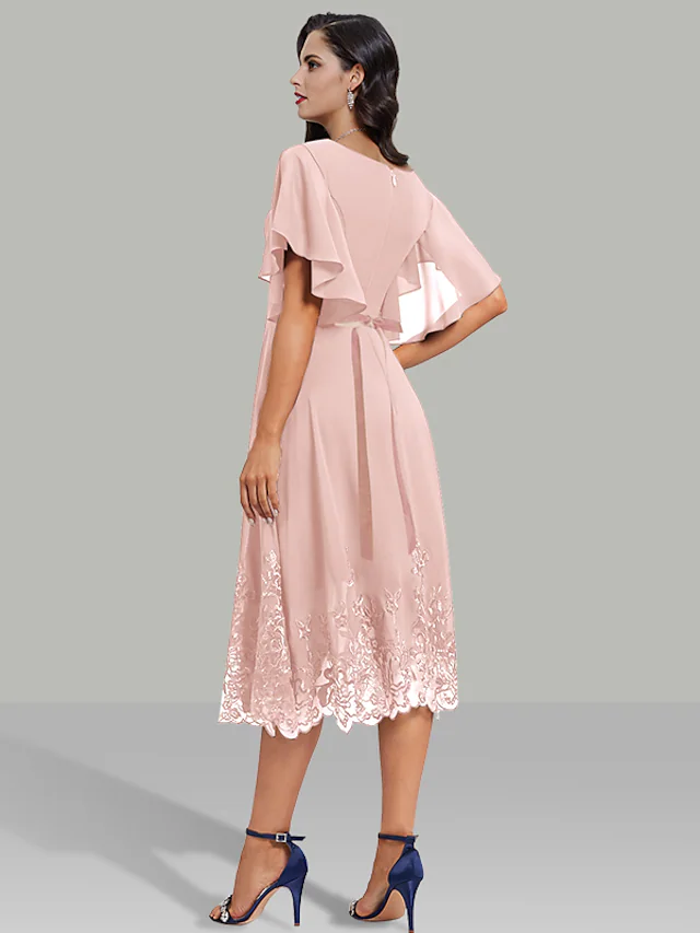 A-Line Wedding Guest Dresses Elegant Dress Cocktail Party Tea Length Short Sleeve V Neck Belt / Sash Chiffon with Rhinestone Glitter