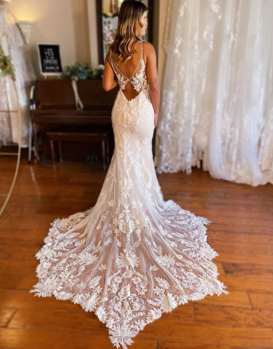 Mermaid Spaghetti Straps Back Wedding Dress V-neck Sexy Long