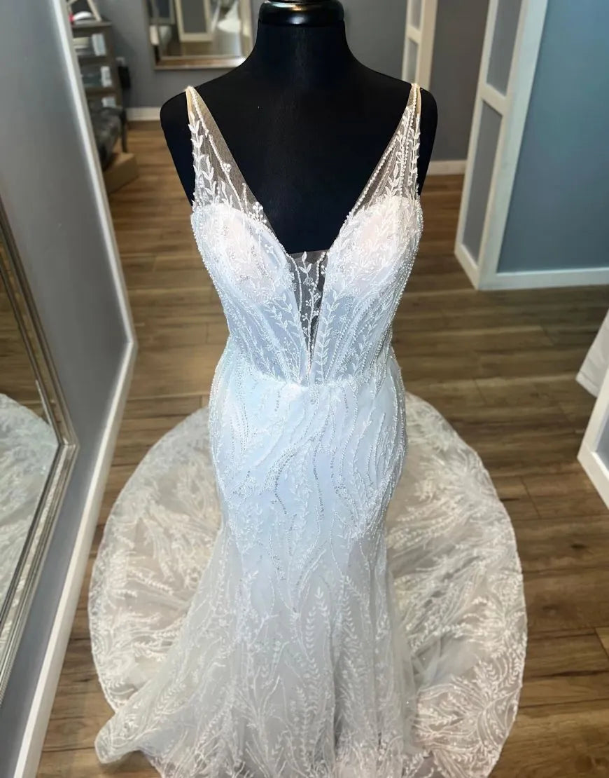 Mermaid V-Neck Train Open Back Lace Wedding Dress Sexy Long