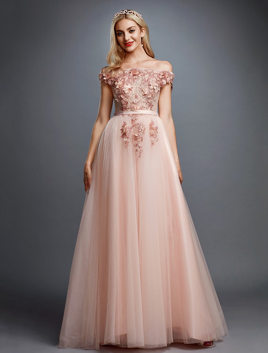 A-Line Floral Dress Wedding Guest Sweep / Brush Train Sleeveless Off Shoulder Tulle Over Lace