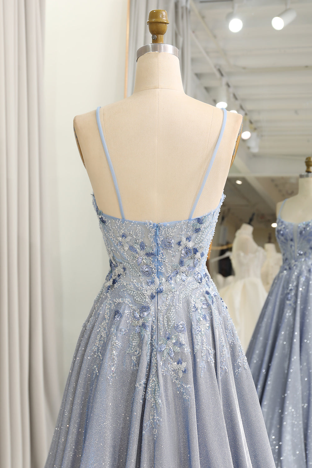Glitter Grey Blue A-Line Spaghetti Straps Long Prom Dress With Appliques Sparkly Evening Dresses