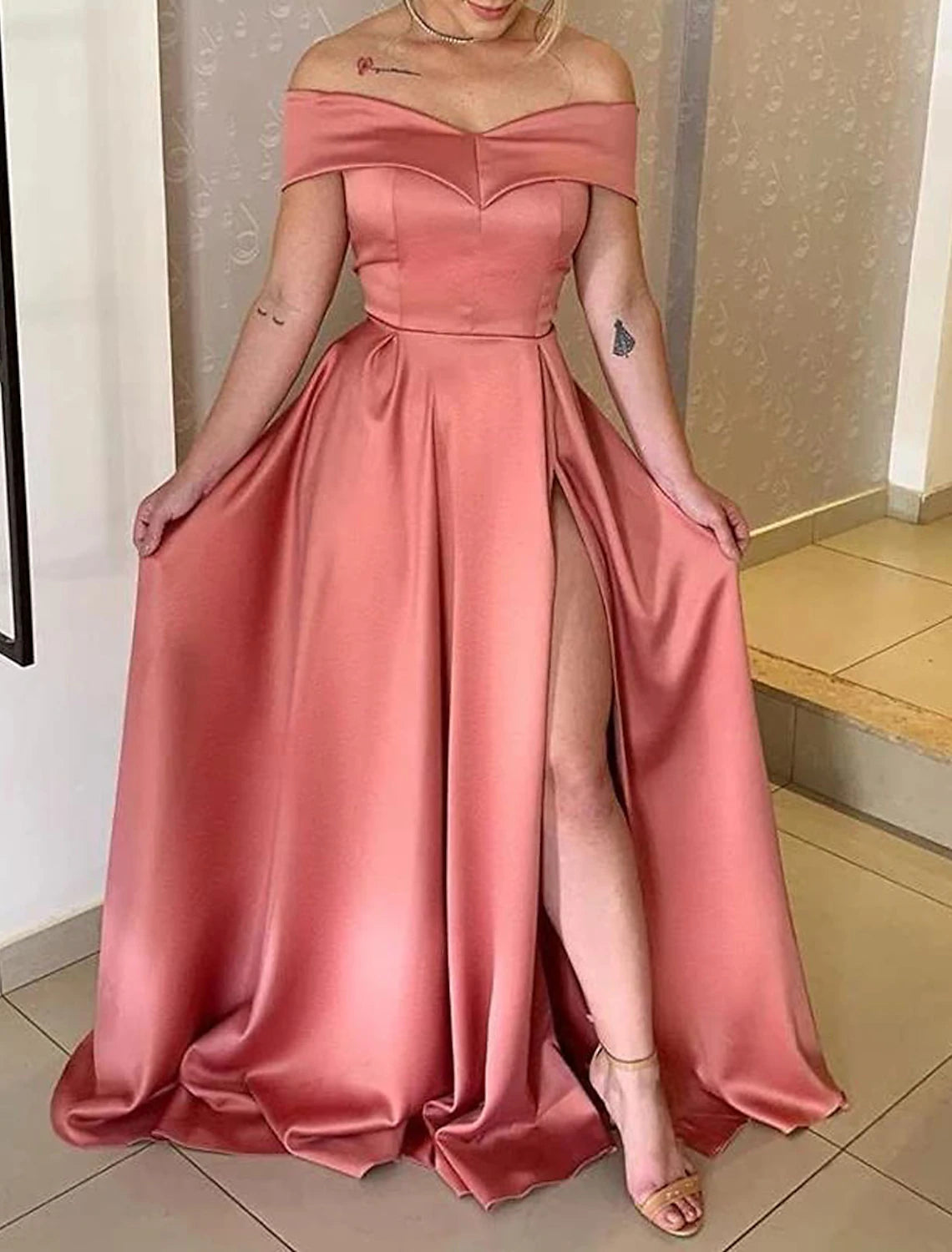 Women's Off The Shoulder Satin Prom Dresses Long with Pockets A line Slit Formal Evening Party