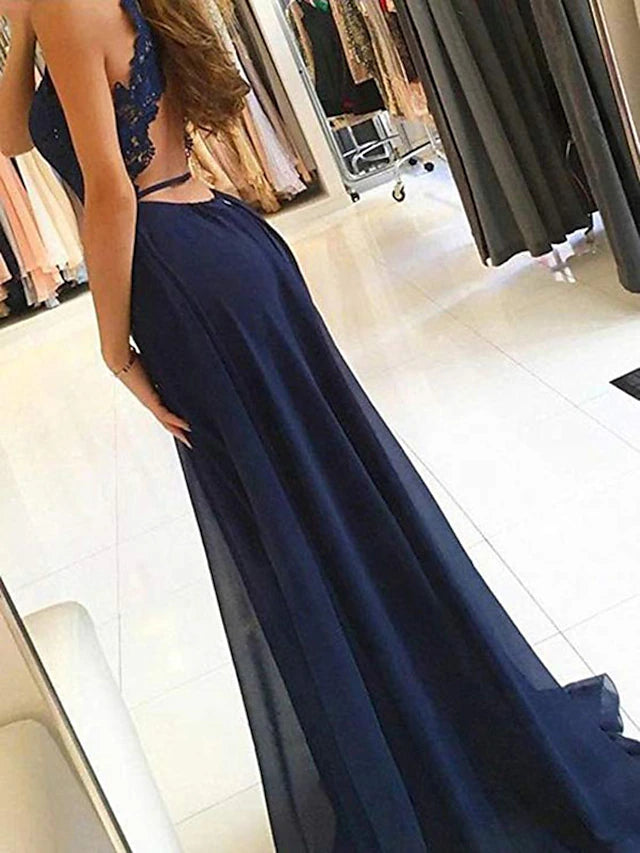 A-Line Evening Gown Cut Out Dress Formal Evening Sweep / Brush Train Sleeveless Halter Lace