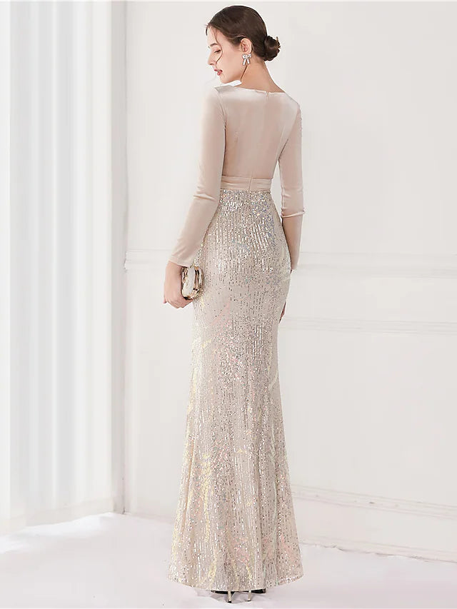 Mermaid / Trumpet Evening Gown Elegant Dress Wedding Guest Floor Length Long Sleeve V Neck Sequined V Back