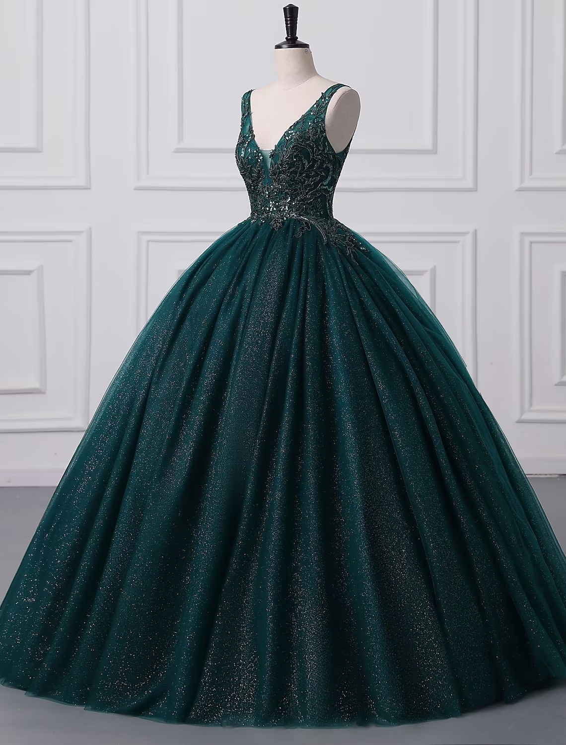 Ball Gown Prom Dresses Sparkle & Shine Dress Quinceanera Floor Length Sleeveless V Neck Tulle with Sequin