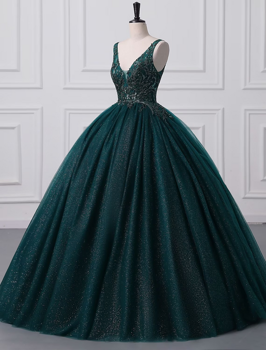 Ball Gown Prom Dresses Sparkle & Shine Dress Quinceanera Floor Length Sleeveless V Neck Tulle with Sequin