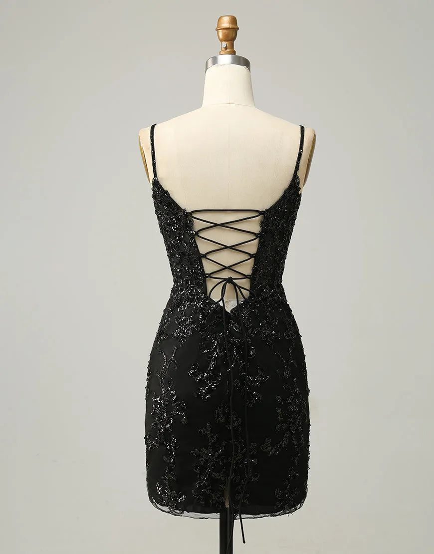 Spaghetti Straps Corset Back Sequin Homecoming Dress Short