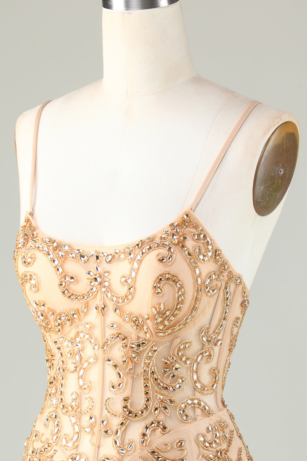 Spaghetti Straps Tight Glitter Golden Homecoming Dress With Beading Sparkly