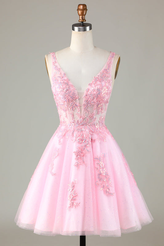Cute Pink Glitter Sequin Short Backless V-neck Homecoming Dress with Appliques