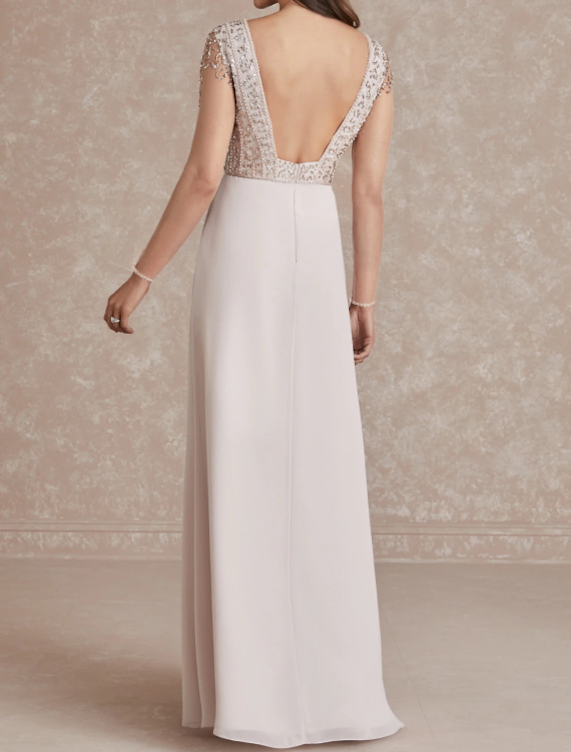 A-Line Evening Gown Glittering Dress Engagement Sweep / Brush Train Short Sleeve V Neck Chiffon with Sequin
