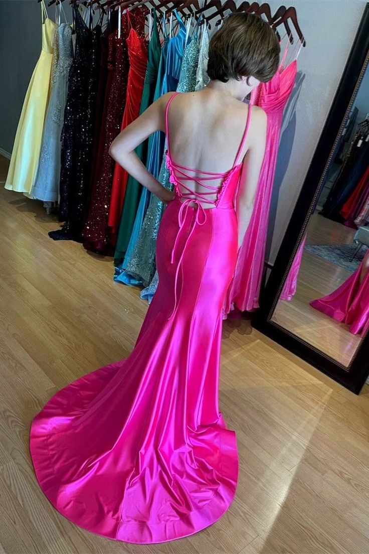 Red Mermaid Backless Prom Dresses Long Evening Dresses With Slit