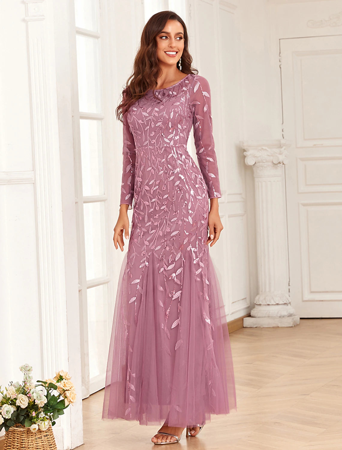 Mermaid / Trumpet Evening Gown Elegant Dress Prom Floor Length Long Sleeve Jewel Neck Tulle