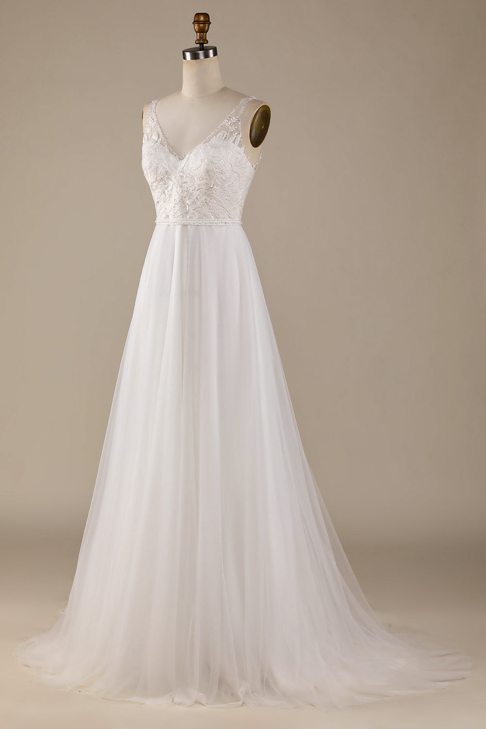 Ivory A Line V-Neck Tulle Sweep Train Wedding Dress with Lace Open Back